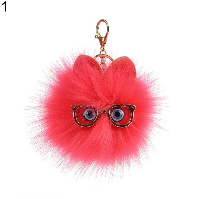 Cute Fluffy Owl Pompom Key Ring Holder-Watermelon Red