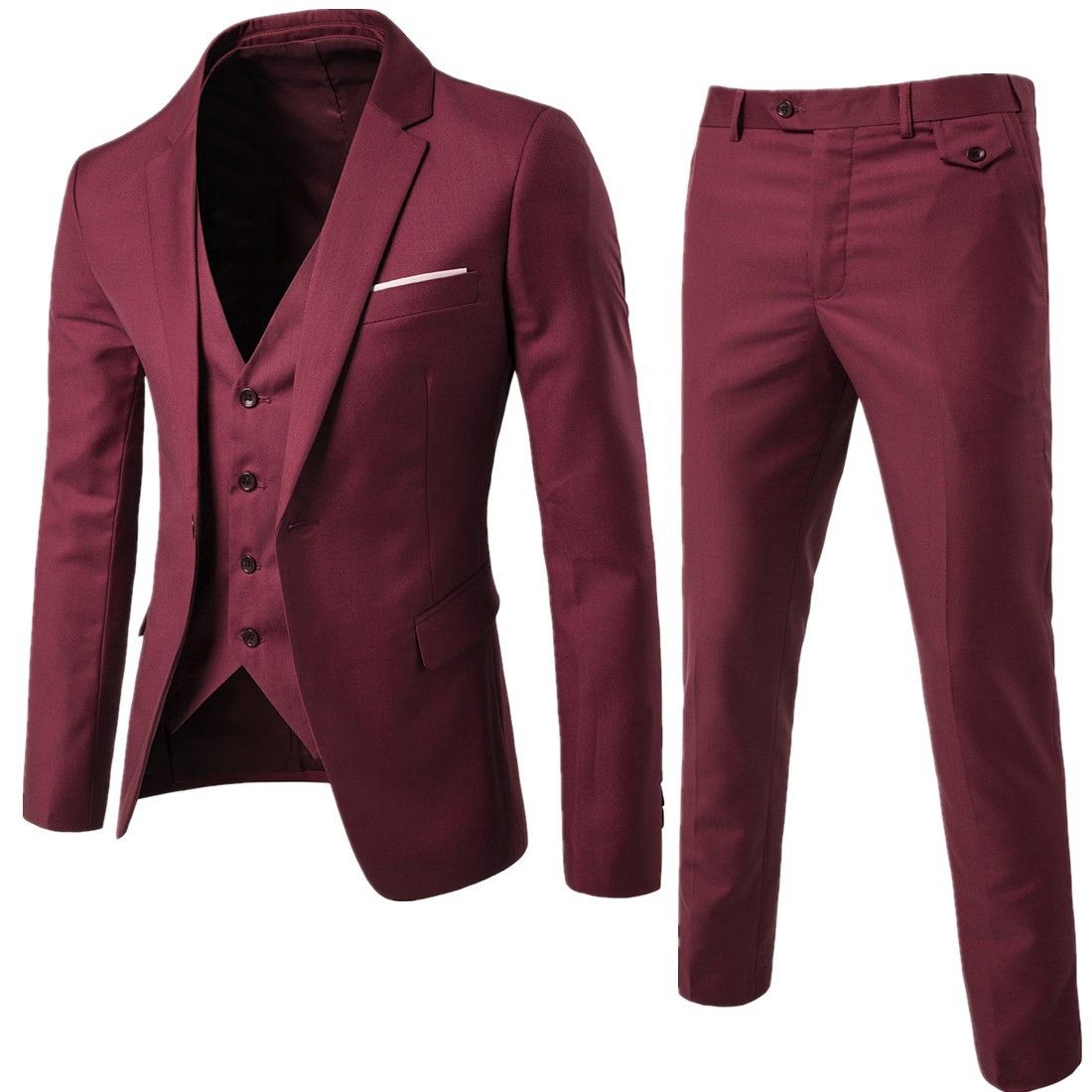 (red Dark)Costume Homme 3 Piece Slim Fit Business Men's Suit Set 1 Button Blazer Jacket Vest Pants Solid Wedding Dress Suit And Trousers MAA