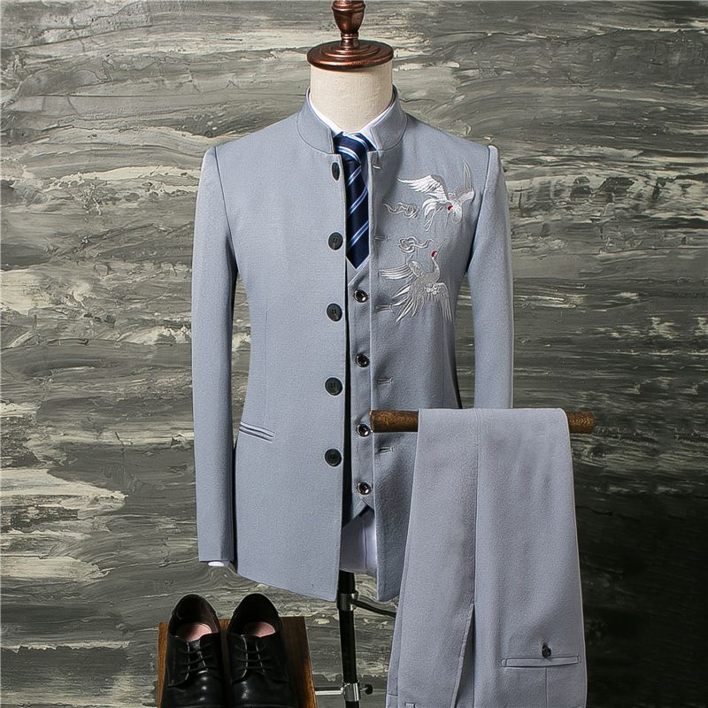 Chinese Style Men's Suit Set Slim Fit Stand Collar EmbroidePrinted Wedding Party Texudo Casual Men Suit Gray