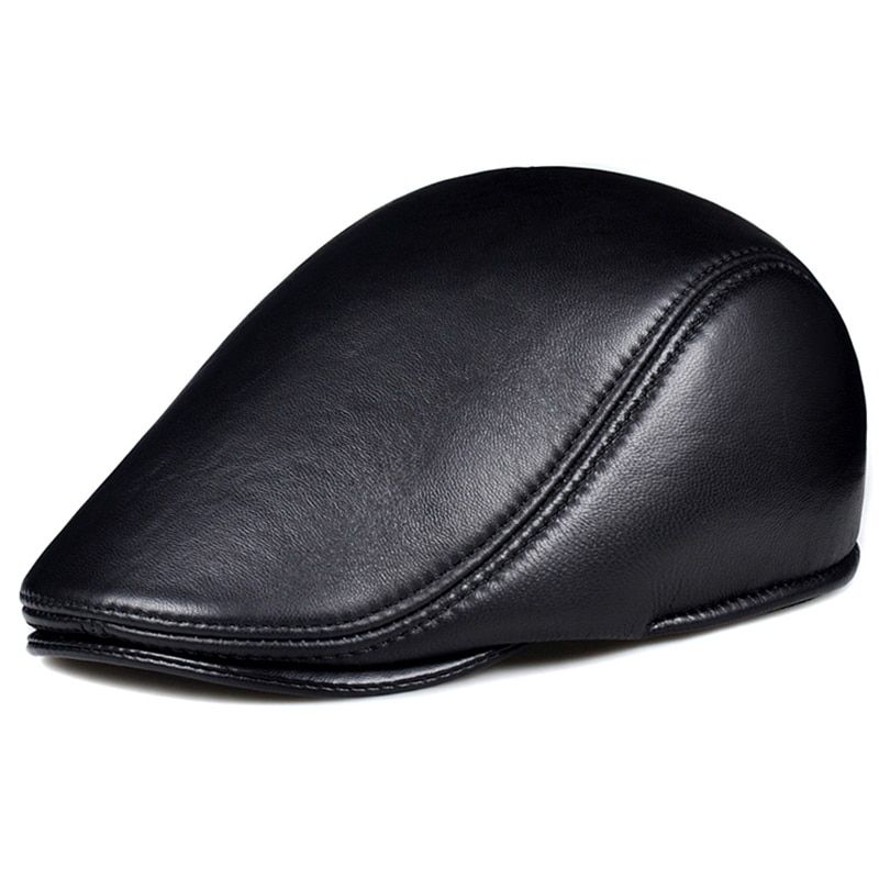 Spring Winter Uni Genuine Leather Beret Hats Men Women Black Peaked Cap Male