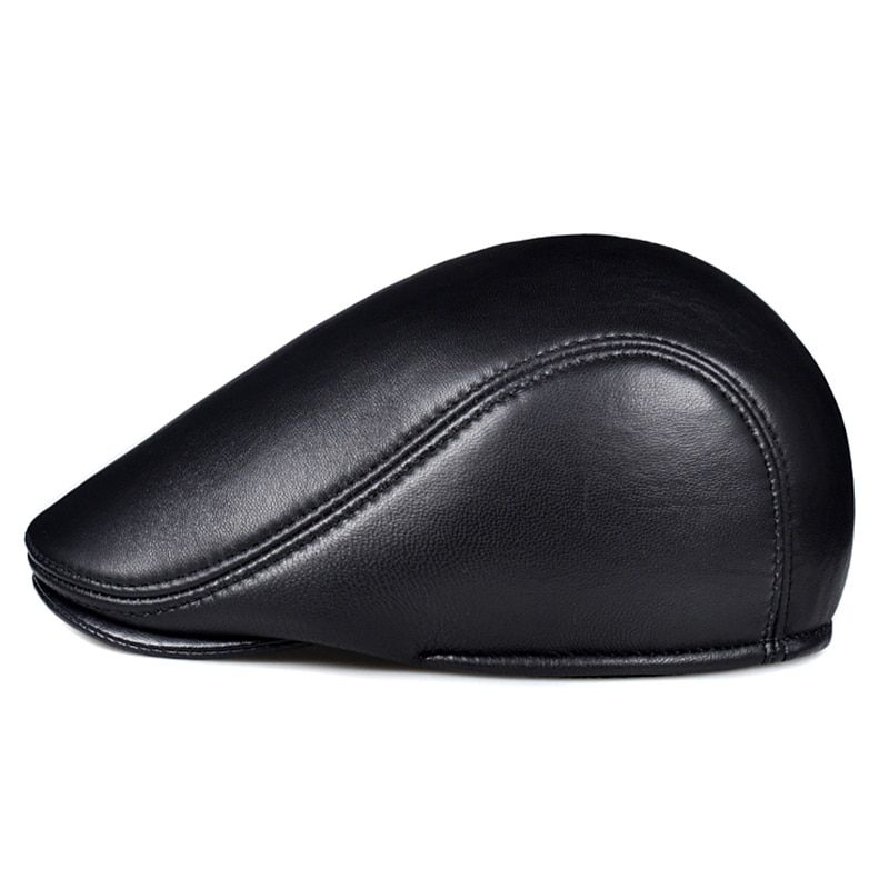 Spring Winter Uni Genuine Leather Beret Hats Men Women Black Peaked Cap Male