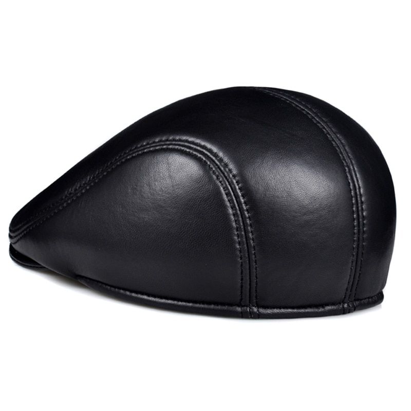 Spring Winter Uni Genuine Leather Beret Hats Men Women Black Peaked Cap Male