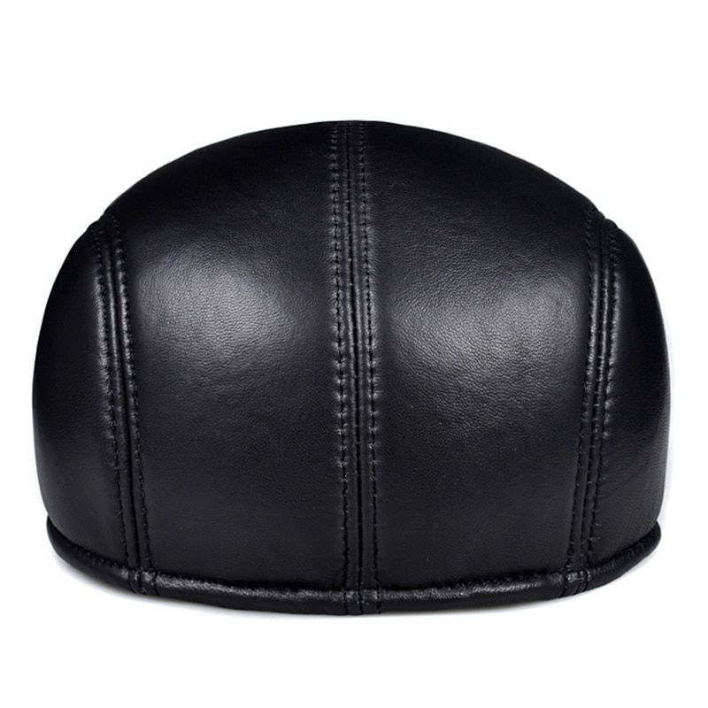 Spring Winter Uni Genuine Leather Beret Hats Men Women Black Peaked Cap Male