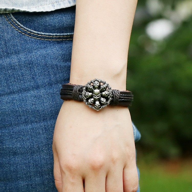 Hand-woven Punk Style Alloy Skull Leather Bracelet