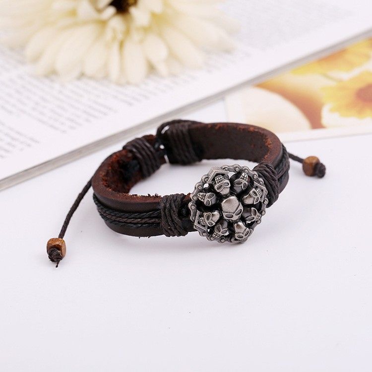 Hand-woven Punk Style Alloy Skull Leather Bracelet