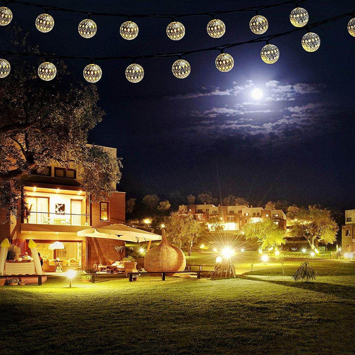 20pcs Solar String Lights Moroccan Metal Ball Outdoor Xmas Fairy Lamp Decor Gold Case, Warm White 20 Lights