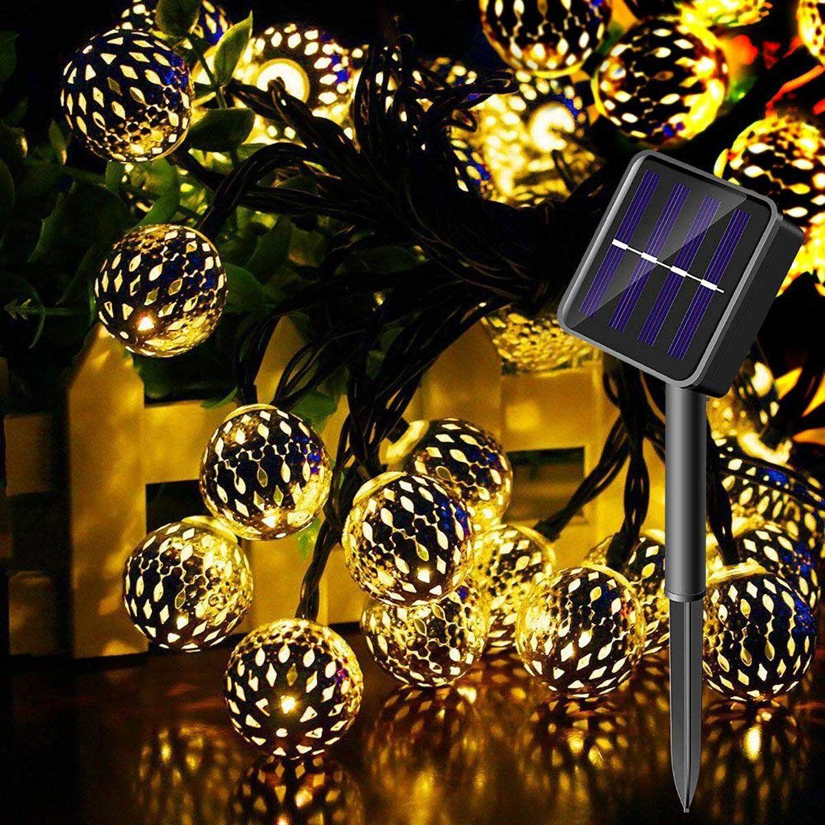20pcs Solar String Lights Moroccan Metal Ball Outdoor Xmas Fairy Lamp Decor Gold Case, Warm White 20 Lights