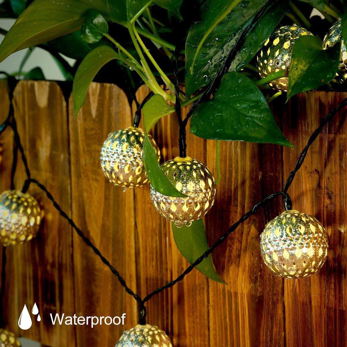 20pcs Solar String Lights Moroccan Metal Ball Outdoor Xmas Fairy Lamp Decor Gold Case, Warm White 20 Lights