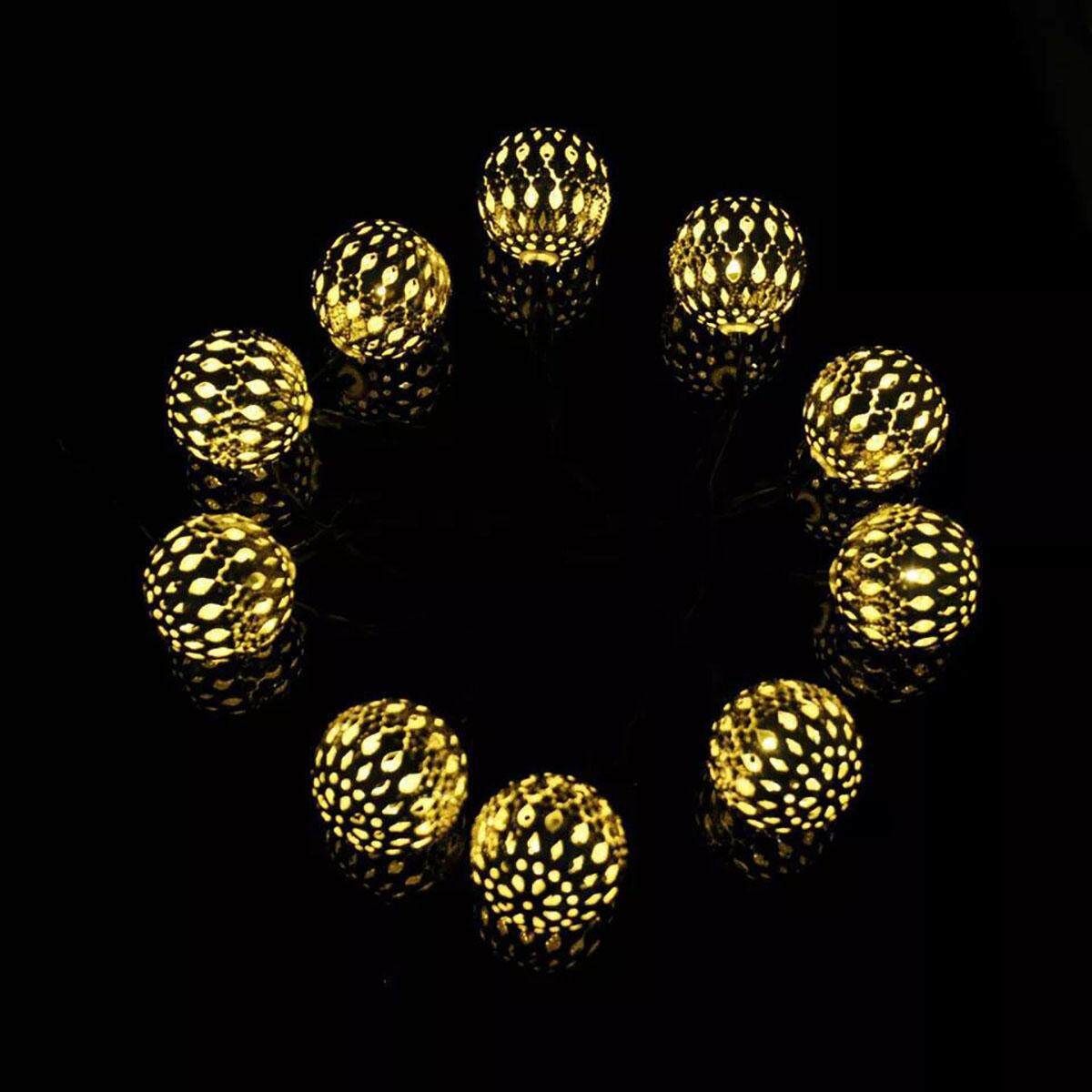 20pcs Solar String Lights Moroccan Metal Ball Outdoor Xmas Fairy Lamp Decor Gold Case, Warm White 20 Lights