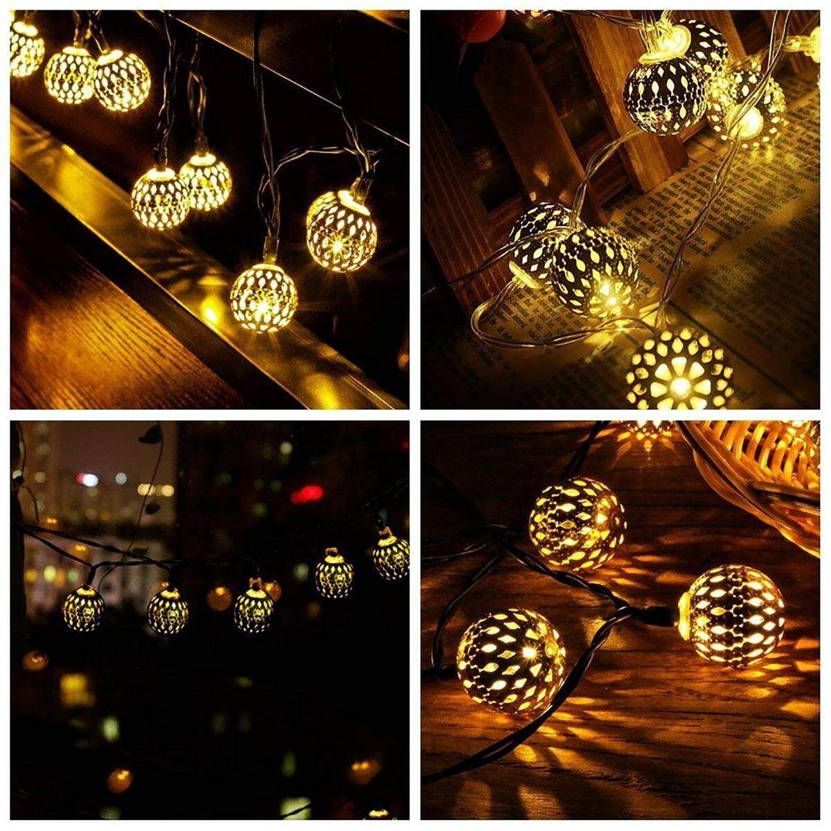20pcs Solar String Lights Moroccan Metal Ball Outdoor Xmas Fairy Lamp Decor Gold Case, Warm White 20 Lights