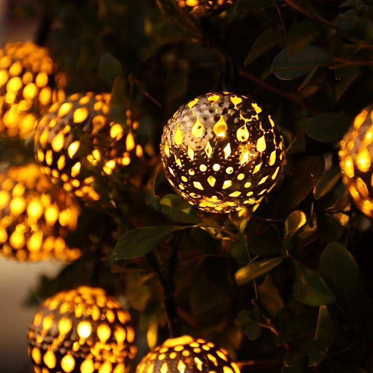 20pcs Solar String Lights Moroccan Metal Ball Outdoor Xmas Fairy Lamp Decor Gold Case, Warm White 20 Lights