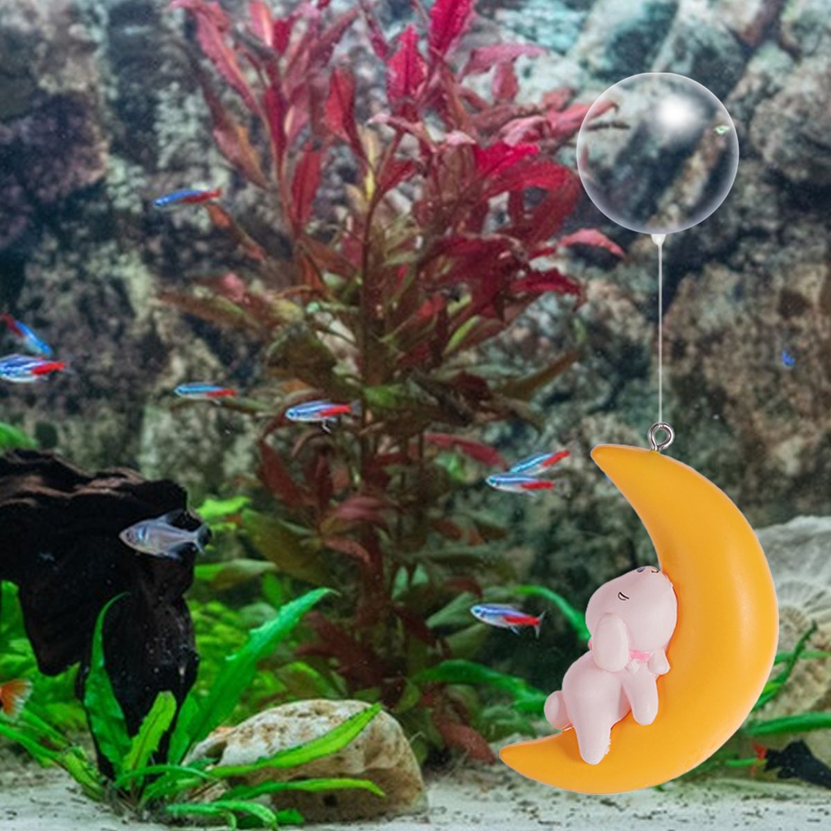 Aquarium Decor Rabbit Cat Moon Float Figurines B