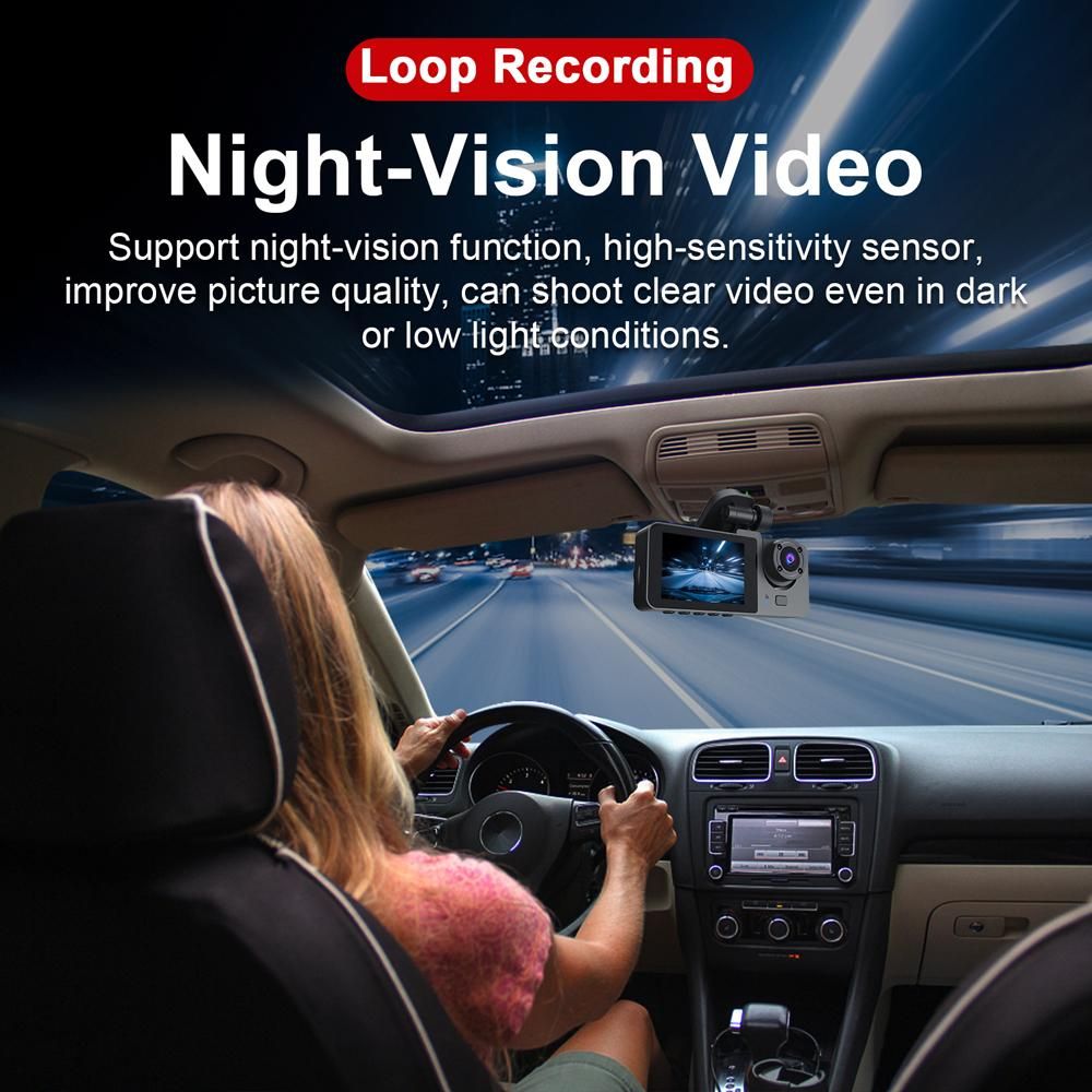 1080P DVR Dash Camera Front & Inside & Rear Camera Driving Recorder 2 Inch Screen Dashcam Support Night-Vision Loop Recording Motion Detection One-Key Lock
