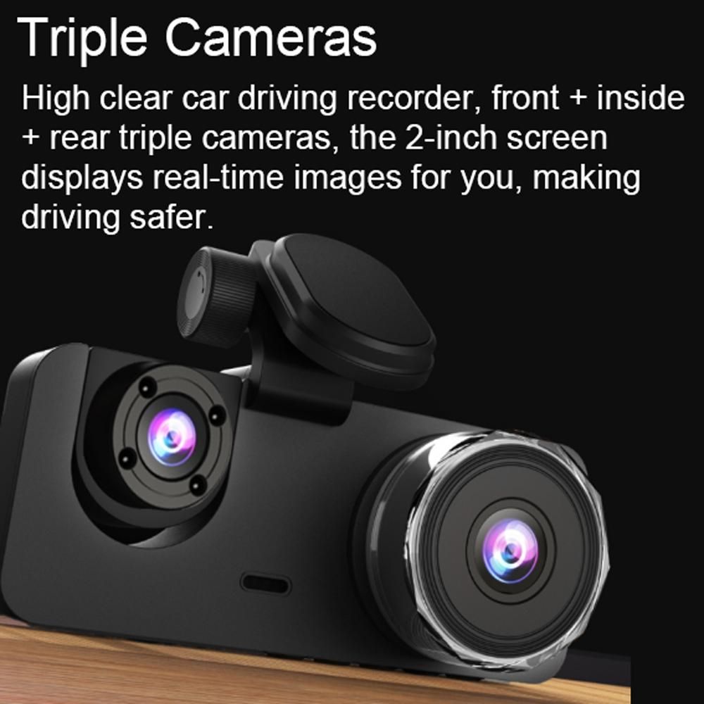 1080P DVR Dash Camera Front & Inside & Rear Camera Driving Recorder 2 Inch Screen Dashcam Support Night-Vision Loop Recording Motion Detection One-Key Lock