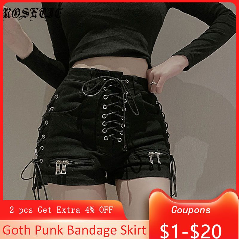 (PU Shorts Black)Rosetic Bandage  Denim Shorts Women Streetwear Gothic Jeans Mini High Waist Lace Up Casual Zip Black Goth Club Fashion 2021 DOU