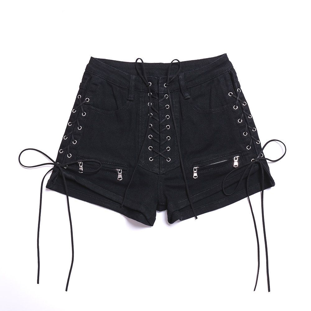 (PU Shorts Black)Rosetic Bandage  Denim Shorts Women Streetwear Gothic Jeans Mini High Waist Lace Up Casual Zip Black Goth Club Fashion 2021 DOU