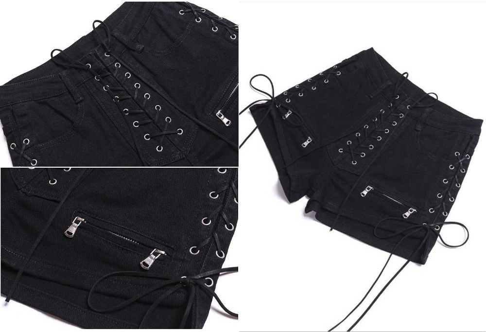 (PU Shorts Black)Rosetic Bandage  Denim Shorts Women Streetwear Gothic Jeans Mini High Waist Lace Up Casual Zip Black Goth Club Fashion 2021 DOU