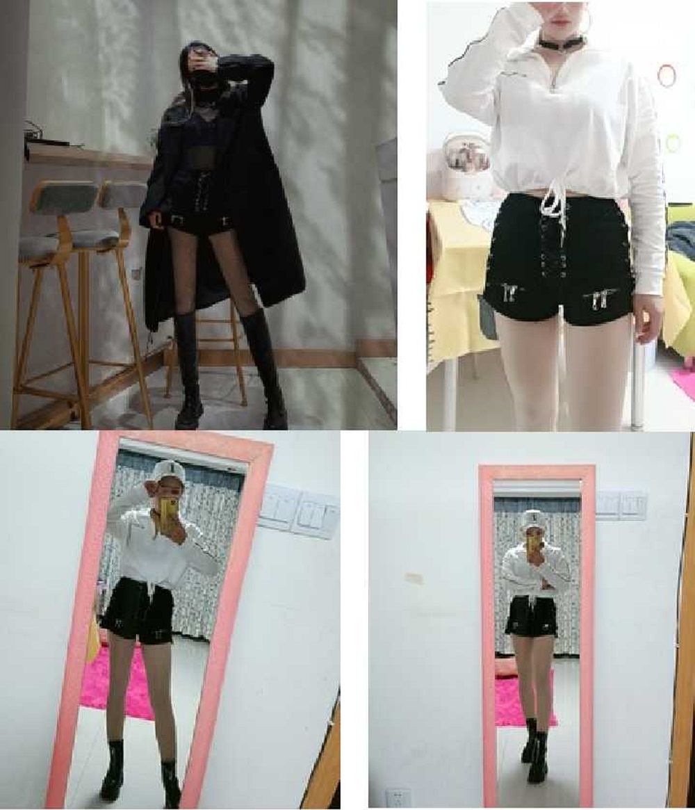 (PU Shorts Black)Rosetic Bandage  Denim Shorts Women Streetwear Gothic Jeans Mini High Waist Lace Up Casual Zip Black Goth Club Fashion 2021 DOU