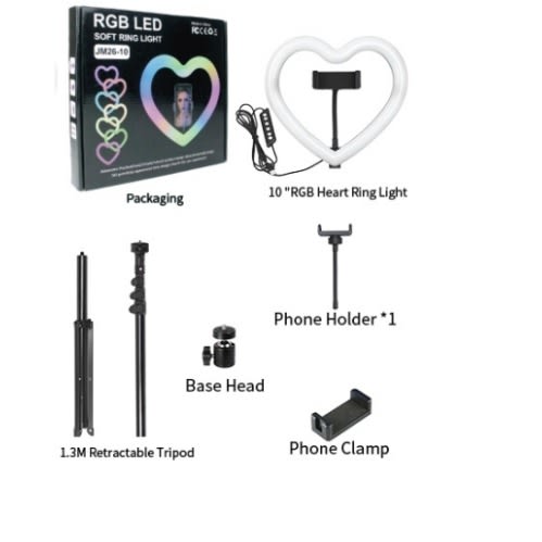 Heart Shaped Ringlight - 10inch - 25.4cm, 6-colors + Tripod Stand, Jm26-10