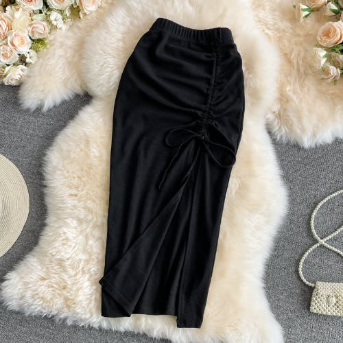Elastic Waist Drawstring Split Pencil Skirt - Black