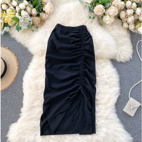 Elastic Waist Drawstring Split Pencil Skirt - Black