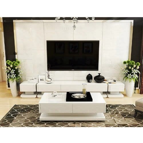 Glossy Tv Stand With Center Table & Side Stool - White