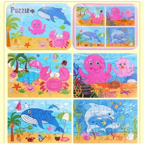 Learning Toy 4 In 1 Wooden Puzzle Set - 46pc - Sea Animals