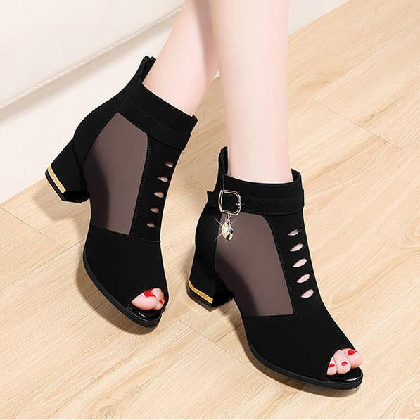 Women Peep Toe Sandals Boots Women PU Leather Summer Mesh Shoes Low Heels Back Zip BLACK Dropshipping(#PU Black)