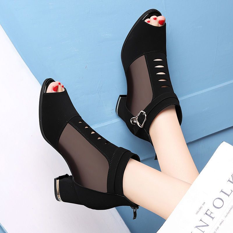 Women Peep Toe Sandals Boots Women PU Leather Summer Mesh Shoes Low Heels Back Zip BLACK Dropshipping(#PU Black)