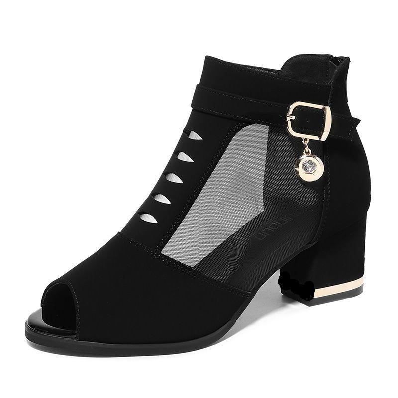 Women Peep Toe Sandals Boots Women PU Leather Summer Mesh Shoes Low Heels Back Zip BLACK Dropshipping(#PU Black)