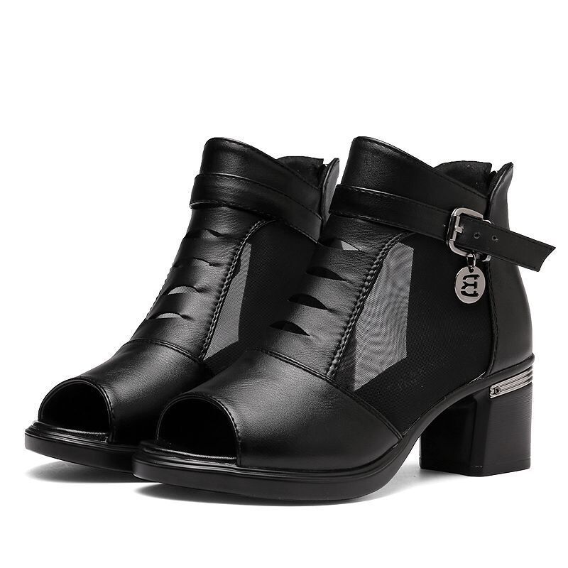 Women Peep Toe Sandals Boots Women PU Leather Summer Mesh Shoes Low Heels Back Zip BLACK Dropshipping(#PU Black)