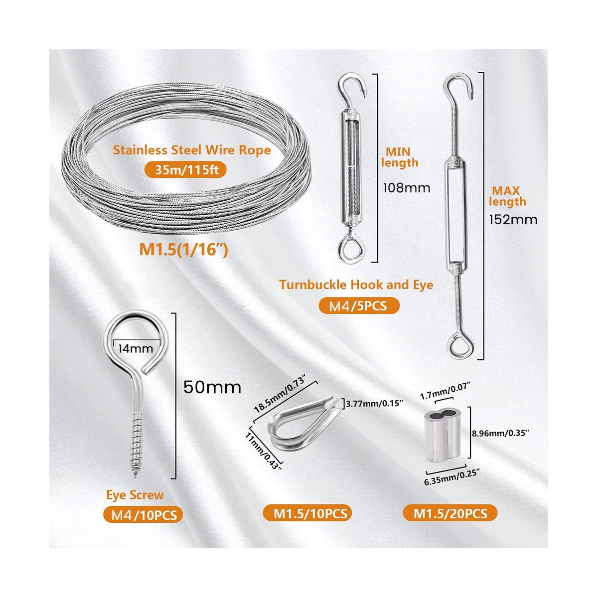 1/16Inch Turnbuckle Wire Tensioner Kit Heavy Turnbuckle Cable Railing Kit 115Ft Wire Rope Hook and Eye Turnbuckle Kit