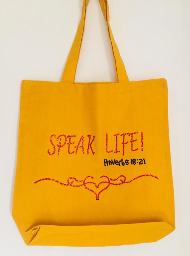 Speak Life. Rhinestoned Unisex Tote Bag - Yellow