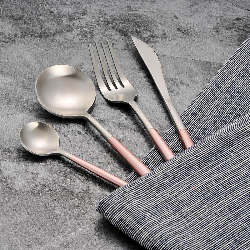 4Pcs Cutlery Dinnerware Fork Spoon Dinner Tableware Stainless Steel Retro Pink