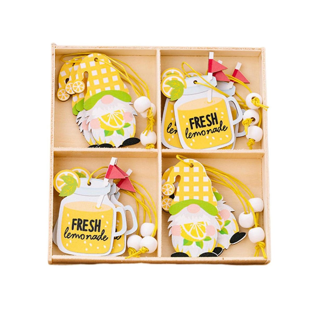1 Set Gnome Pendant 4 Grids Boxed Wooden Fruit Face Gnome Pendant Yellow