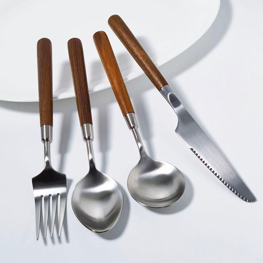 Walnut round handle 304 stainless steel matte western tableware 4 pieces set