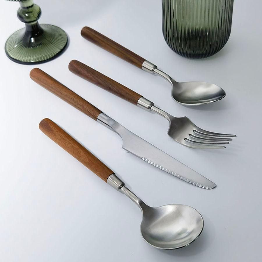 Walnut round handle 304 stainless steel matte western tableware 4 pieces set