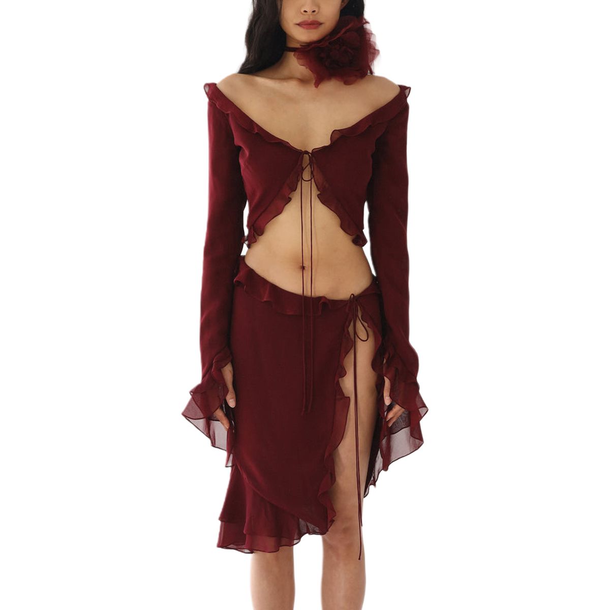 Women 2 Piece Ruffle Skirt Outfits Y2K Sheer Mesh Crop Top