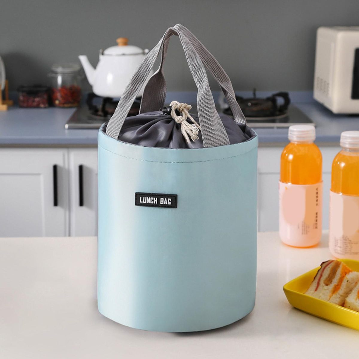 Lunch Bag Round Thermal Jar Container Blue