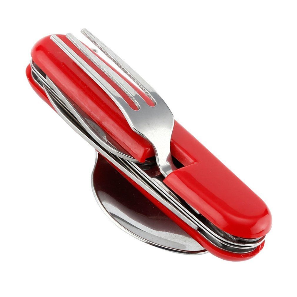 4 In 1 Multifunctional Outdoor Tableware Stainless Steel Foldable Fork Spoon  Picnic Camping