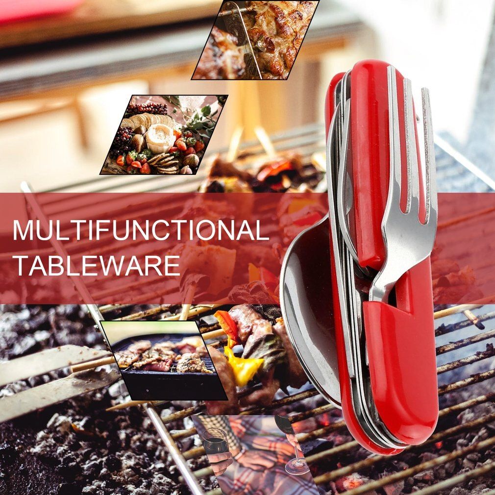 4 In 1 Multifunctional Outdoor Tableware Stainless Steel Foldable Fork Spoon  Picnic Camping