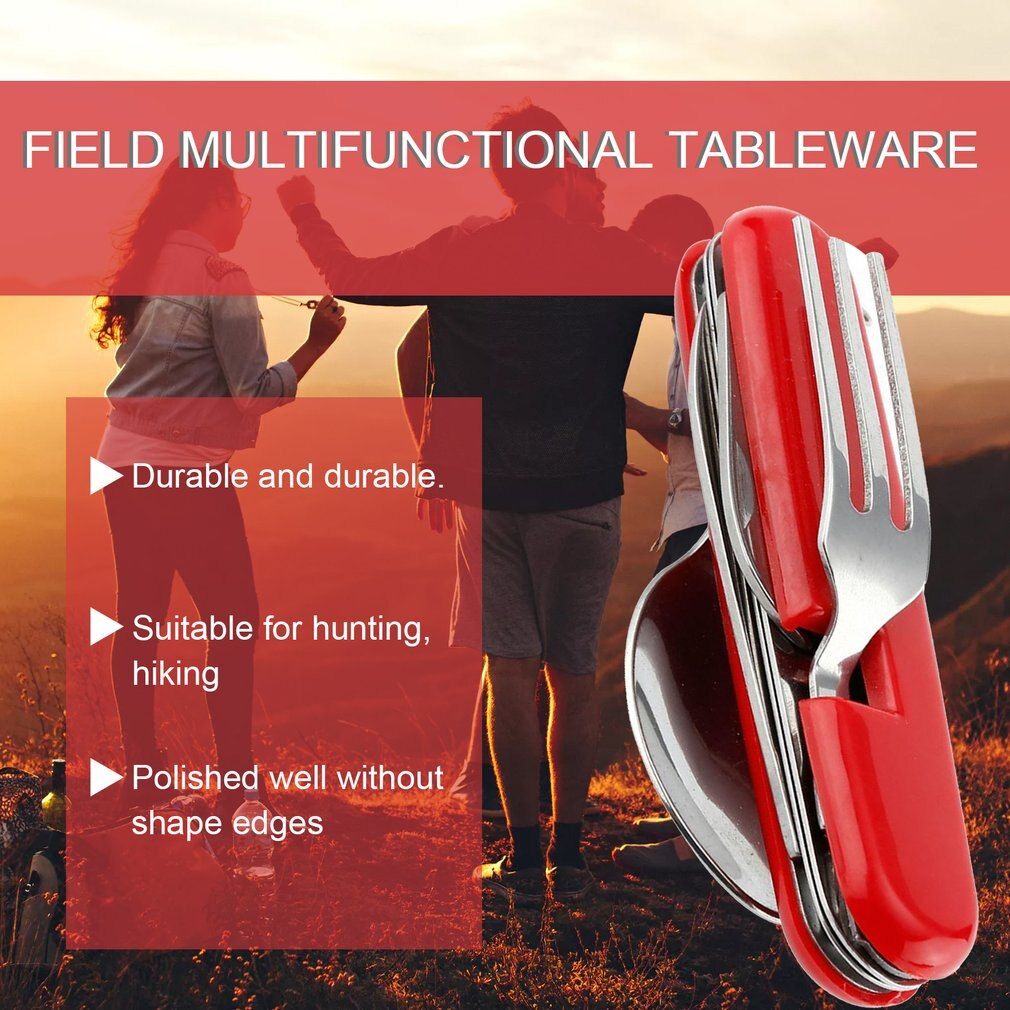 4 In 1 Multifunctional Outdoor Tableware Stainless Steel Foldable Fork Spoon  Picnic Camping