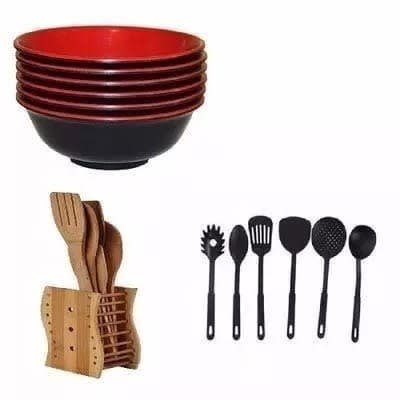 Wooden Spoon - Set Of 5 + Melamine Bowl - 5 Piece & Non Stick Kitchen Spoon - 6 Set
