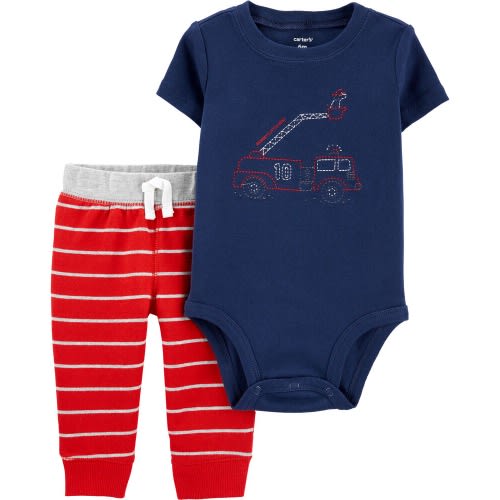 Set Of Fire Truck Boys Bodysuit Pant - 3months - Red & Navy Blue
