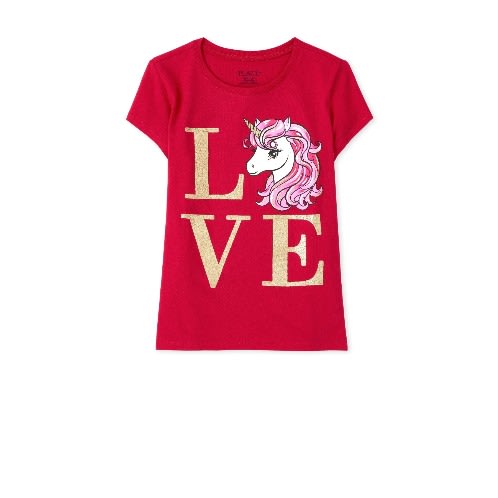 Girls Glittering Metallic Love Unicorn Graphic Top -Red