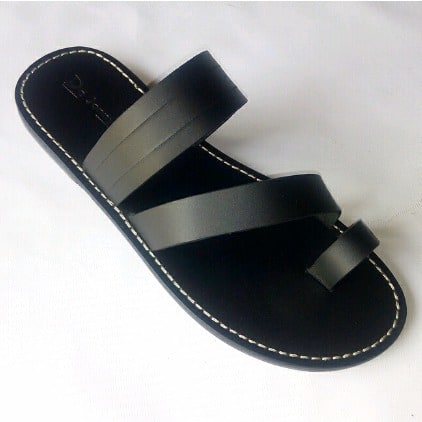 De Johnys Open Toe Slippers With Stripes-Black Leather