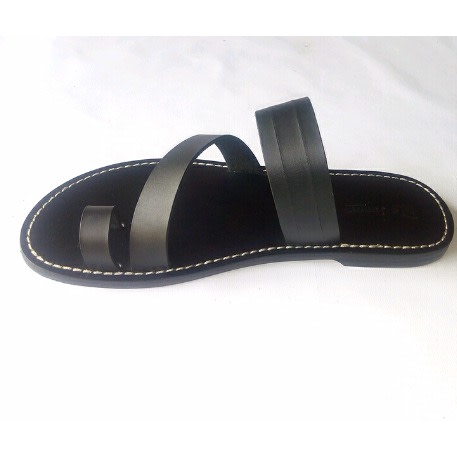De Johnys Open Toe Slippers With Stripes-Black Leather