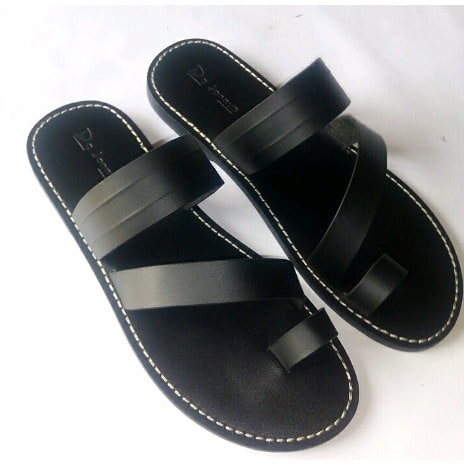 De Johnys Open Toe Slippers With Stripes-Black Leather