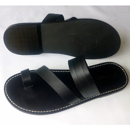 De Johnys Open Toe Slippers With Stripes-Black Leather