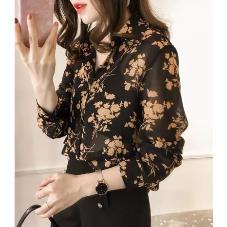 Floral Cotton Blouse- Black/Orange